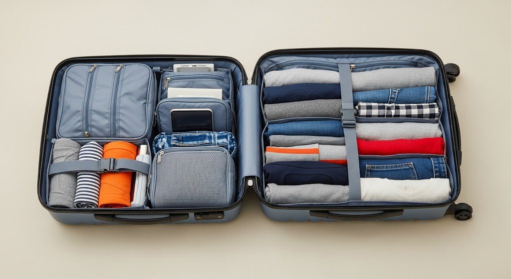 Otimize sua bagagem para uma viagem tranquila em 2025: dicas essenciais Mala organizada para viagem. Foto criada por IA