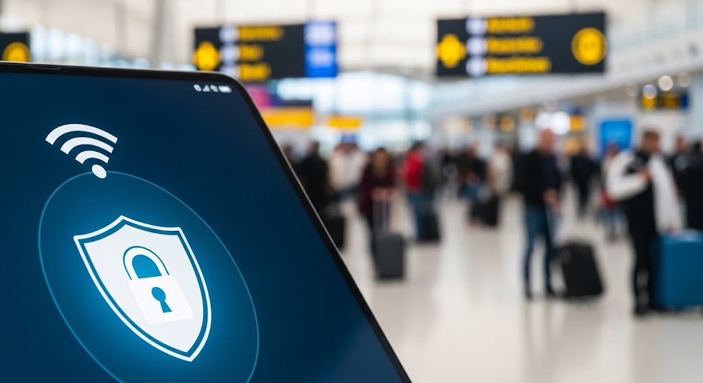 Wi-Fi público em viagens: 9 dicas essenciais para proteger seus dados Pessoa usando laptop em Wi-Fi público. Imagem gerada por IA